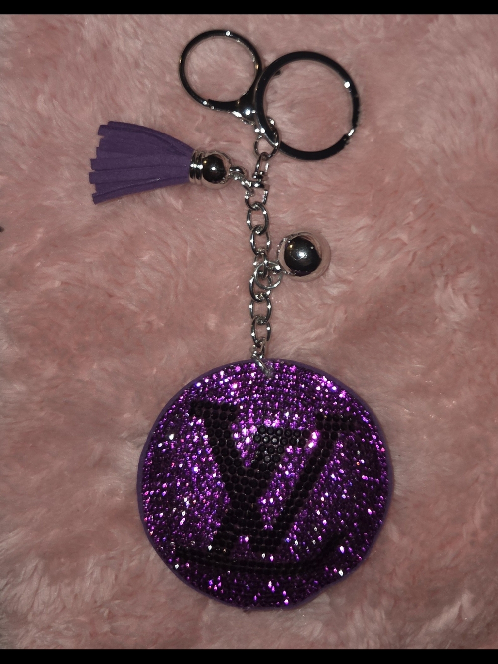 LV Purple & Black Rhinestone Circle Keychain with Tassel